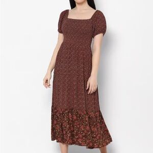 AMERICAN EAGLE WOMEN Size XS BROWN SMOCKED PUFF-SLEEVE MIDI DRESS